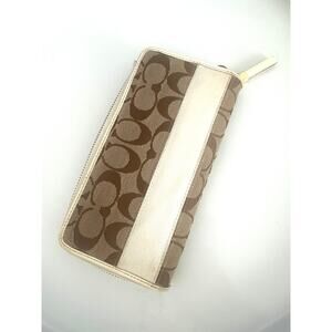Coach Canvas Leather Zip Long Wallet Brown White Signature Used